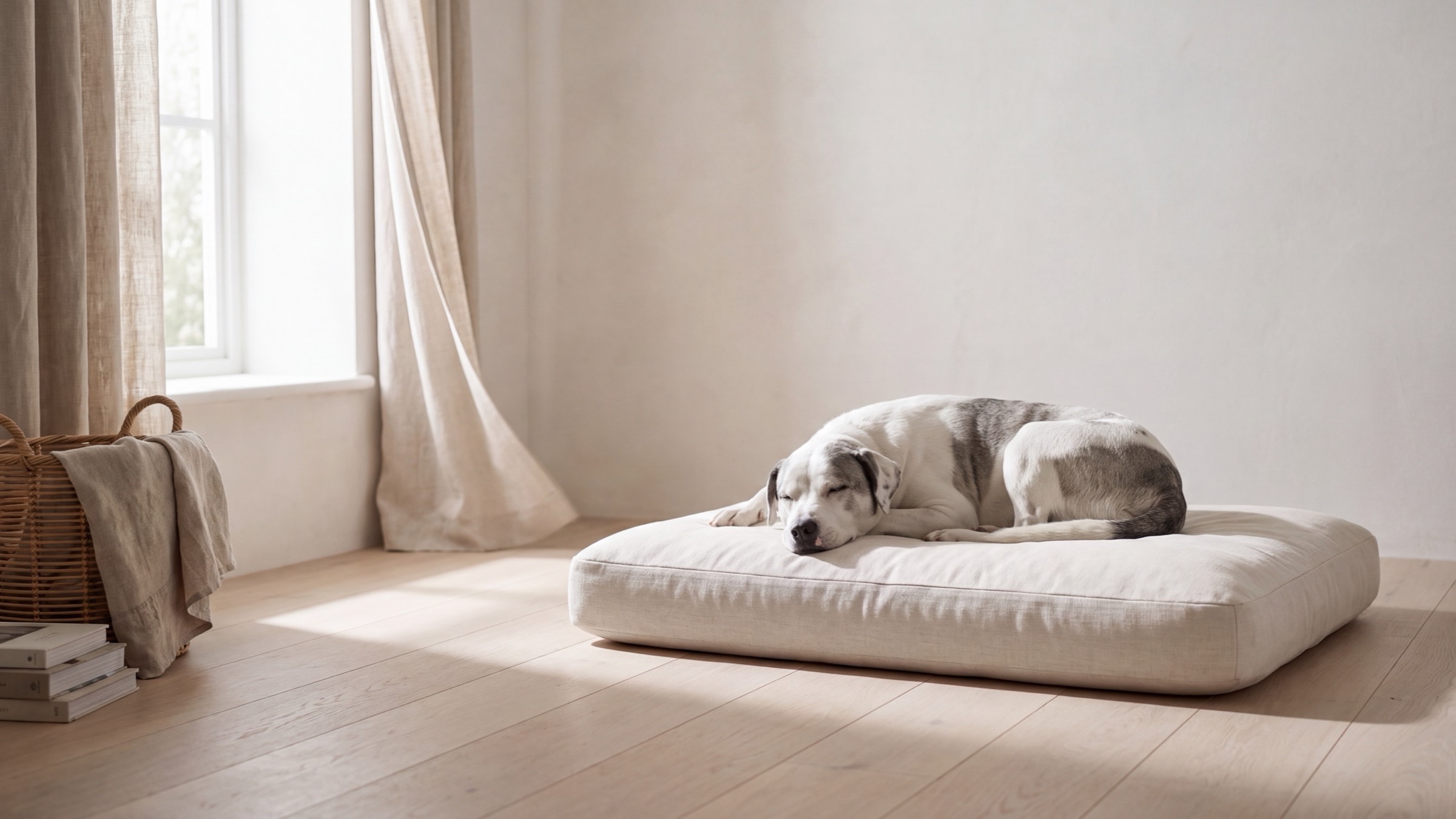 Hondenkussen in een woonkamer met ochtendlicht, hond languit erop